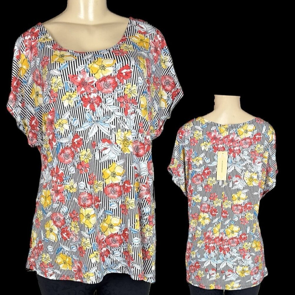 Diana Belle +2X Floral-Striped Print Crew Neckline Short Dolman Sleeve Top